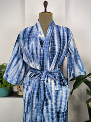 Pure Cotton Kimono Indian Handprinted Boho House Robe Summer Dress | White Blue Tie Dye Beach Cover Up Luxurious Wear | Maternity Mom Bridal - The Eastern Loom