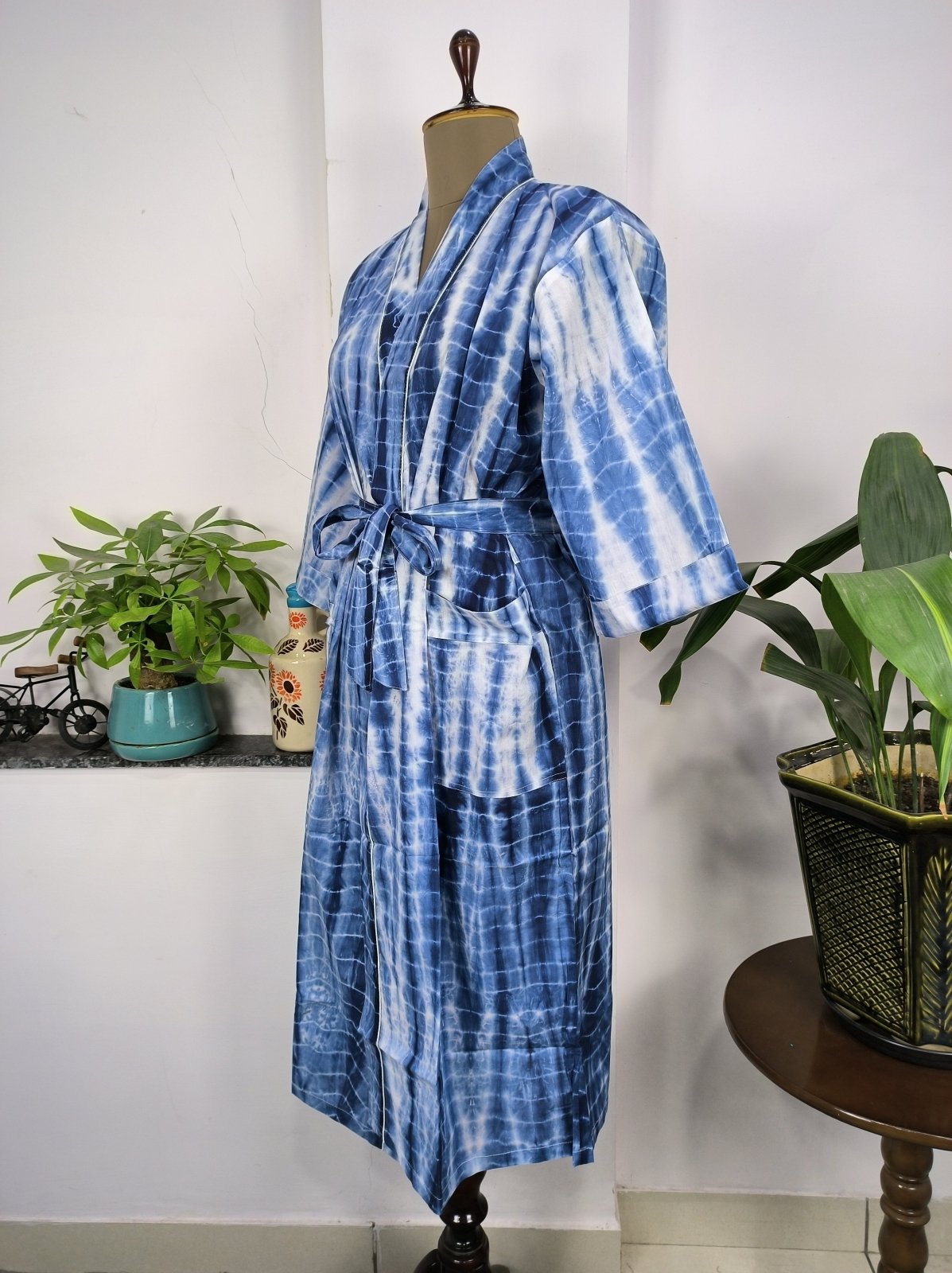 Pure Cotton Kimono Indian Handprinted Boho House Robe Summer Dress | White Blue Tie Dye Beach Cover Up Luxurious Wear | Maternity Mom Bridal - The Eastern Loom