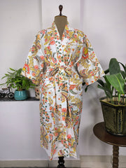 Pure Cotton Kimono Indian Handprinted Boho House Robe Summer Dress | White Glowing Garden Floral Rose Luxury Cover Up, Maternity Mom Bridal - The Eastern Loom