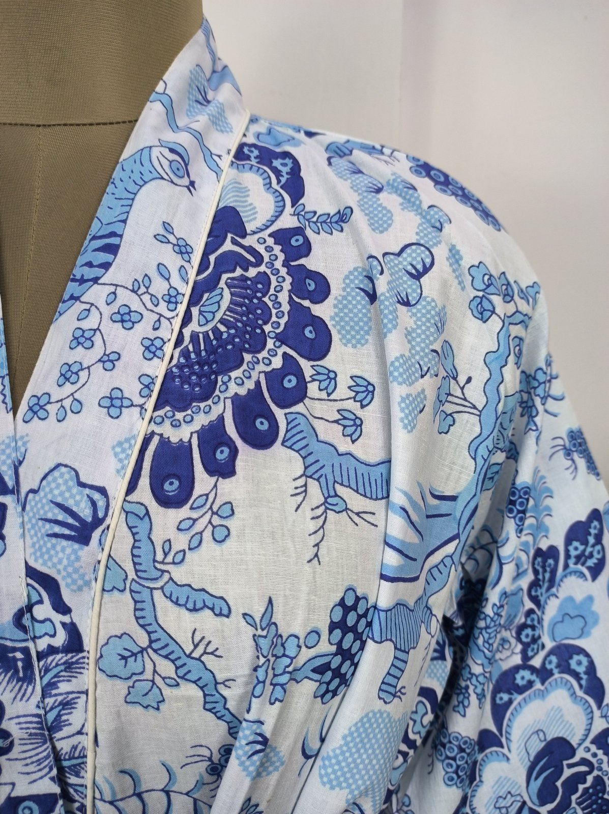 Pure Cotton Kimono Indian Handprinted Boho House Robe Summer Dress | White Ink Blue Indigo Floral Elegant Luxury Beach Holiday Cover Up - The Eastern Loom