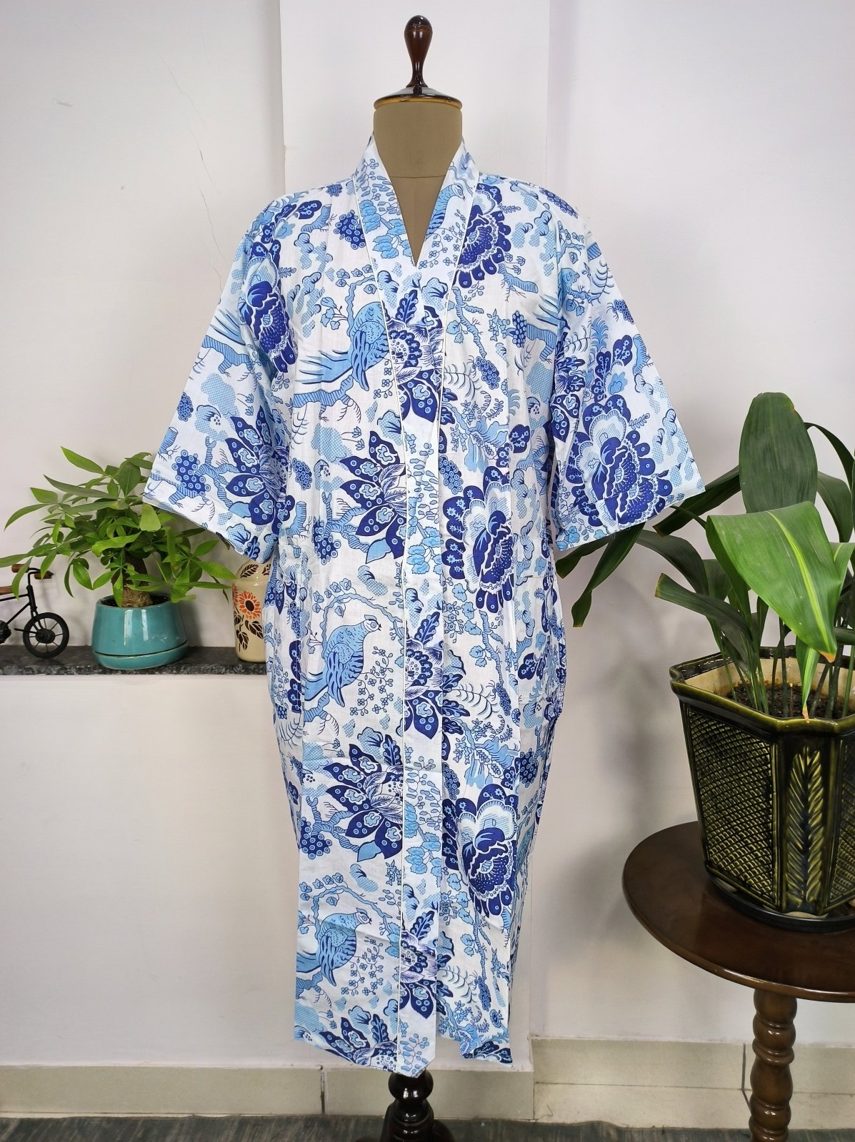 Pure Cotton Kimono Indian Handprinted Boho House Robe Summer Dress | White Ink Blue Indigo Floral Elegant Luxury Beach Holiday Cover Up - The Eastern Loom