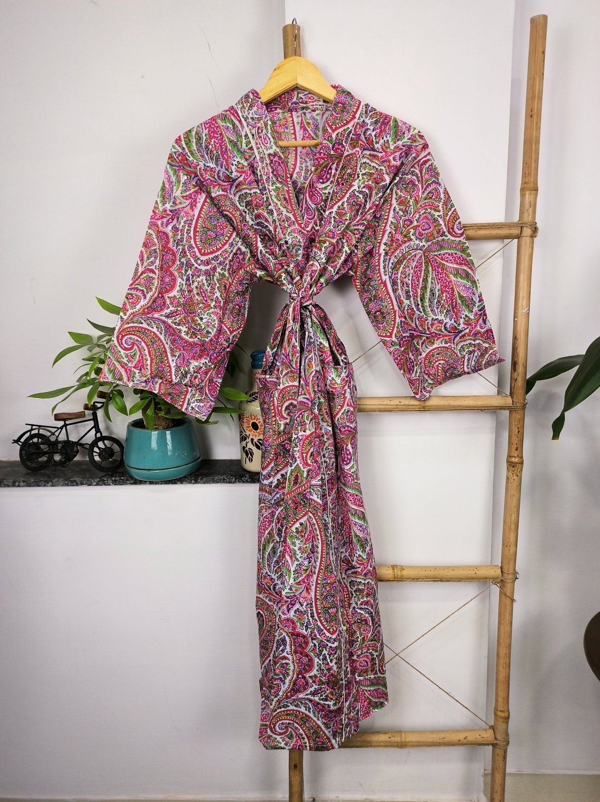 Pure Cotton Kimono Indian Handprinted Boho House Robe Summer Dress | White Pink Paisley Persian Luxury Cover Up, Maternity Mom Bridal - The Eastern Loom
