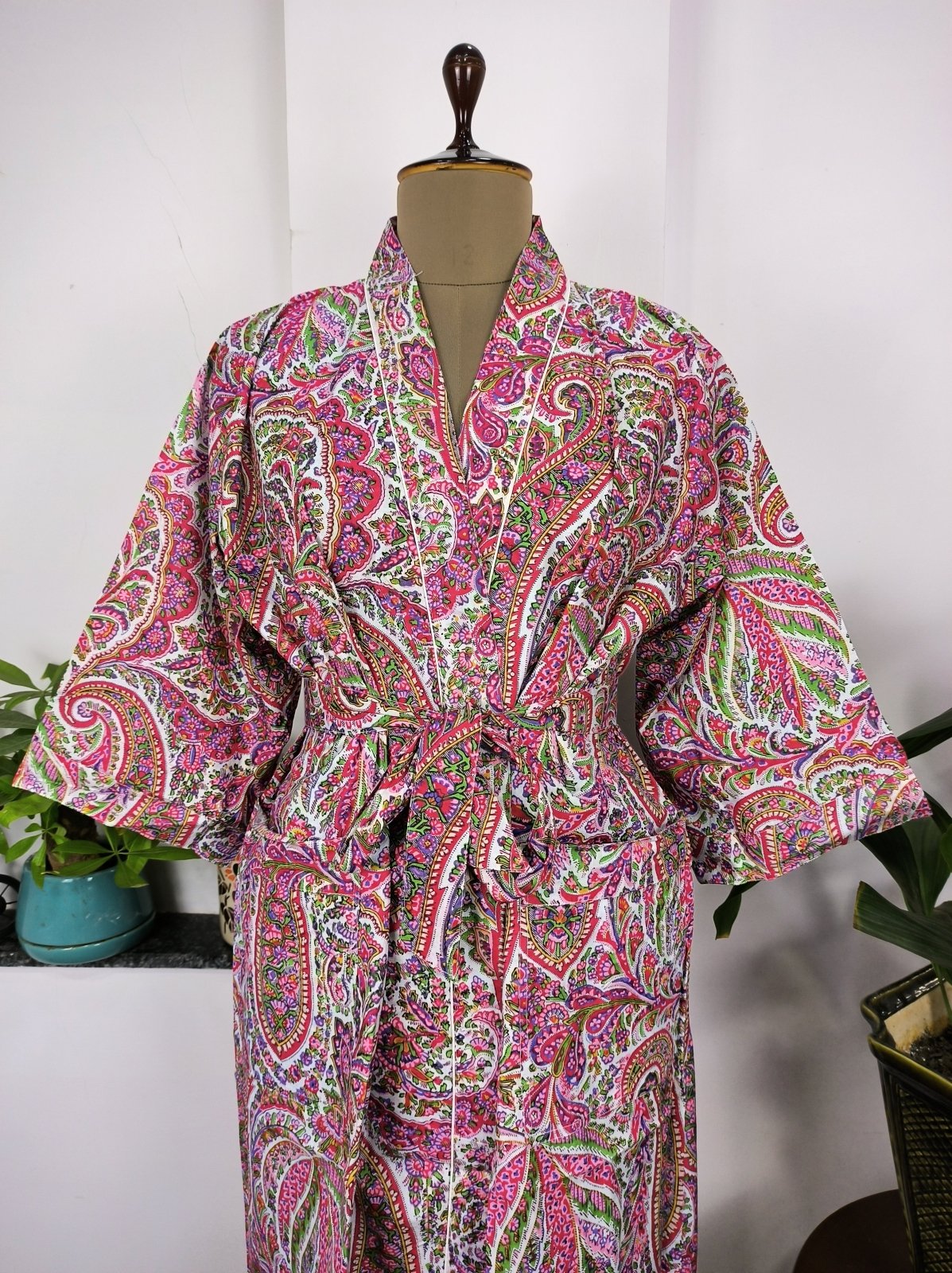 Pure Cotton Kimono Indian Handprinted Boho House Robe Summer Dress | White Pink Paisley Persian Luxury Cover Up, Maternity Mom Bridal - The Eastern Loom