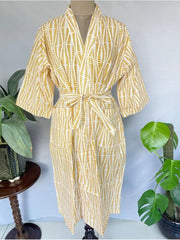 Pure Cotton Kimono Indian Handprinted Boho House Robe Summer Dress, Yellow Leaves Small Beach Coverup Maternity Mom Bridal - The Eastern Loom