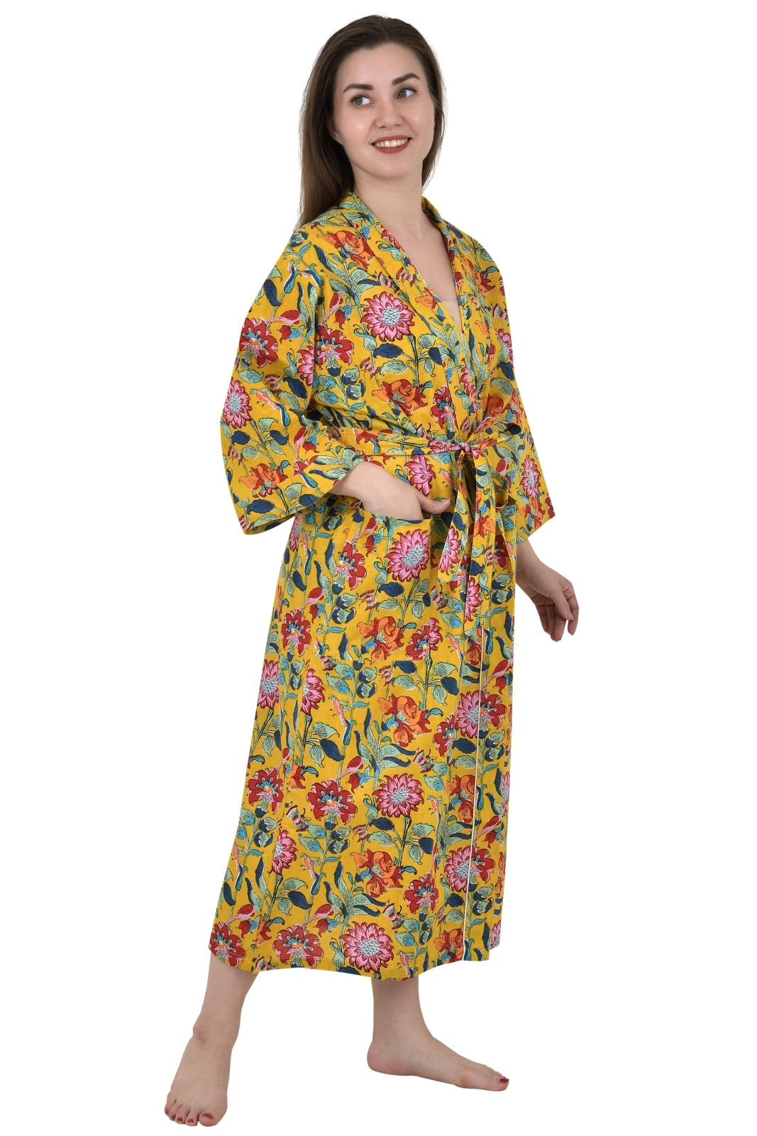 Pure Cotton Kimono Indian Handprinted Boho House Robe Summer Dress | Yellow Mustard Pink Floral Blossom Luxury Beach Holiday Yacht Cover Up - The Eastern Loom