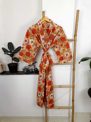 Pure Cotton Spring Summer Boho House Robe Kimono Indian Handblock Jaipur Indian Dress Burnt Orange Rose Luxury Beach Holiday Wear Yacht Cover Up - The Eastern Loom