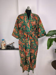 Pure Cotton Spring Summer Boho House Robe Kimono Indian Handblock Jaipur Indian Dress Green Red Floral Luxury Beach Holiday Wear Yacht Cover Up - The Eastern Loom
