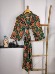 Pure Cotton Spring Summer Boho House Robe Kimono Indian Handblock Jaipur Indian Dress Green Red Floral Luxury Beach Holiday Wear Yacht Cover Up - The Eastern Loom