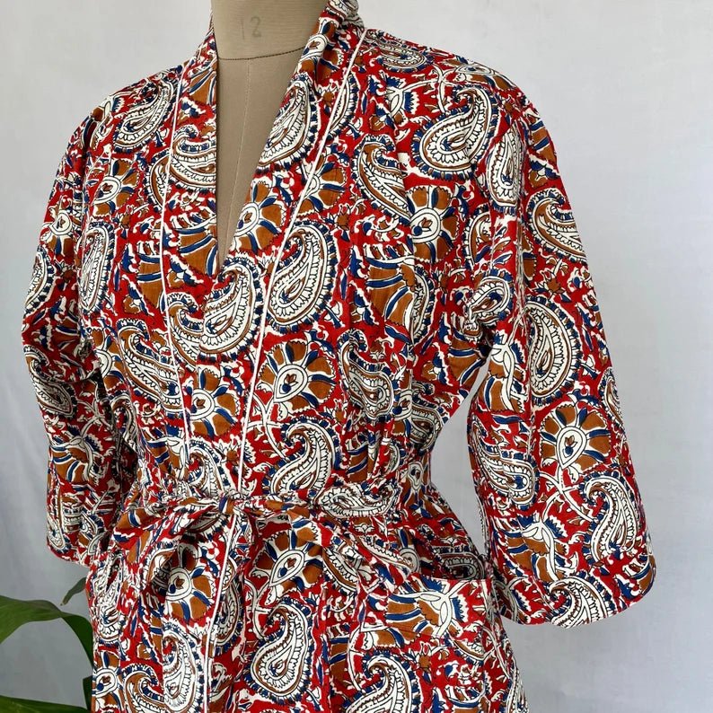 Pure Cotton Spring Summer Boho House Robe Kimono Indian Handblock Jaipur Indian Dress Red Blue Persian Paisley Luxury Beach Holiday Wear Yacht Cover Up - The Eastern Loom