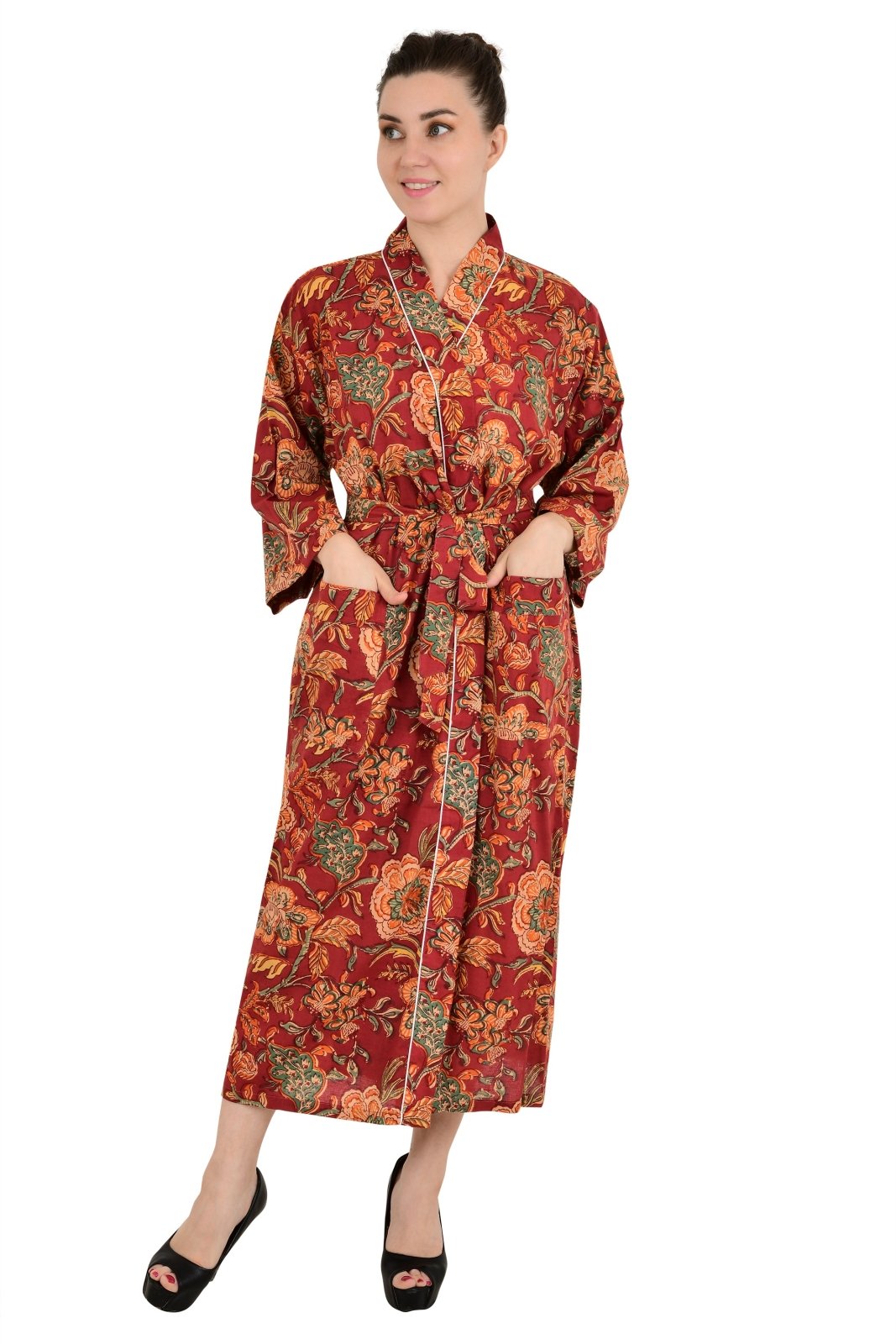 Pure Cotton Spring Summer Boho House Robe Kimono Indian Handblock Jaipur Indian Dress Red Green Floral Luxury Beach Holiday Wear Yacht Cover Up - The Eastern Loom