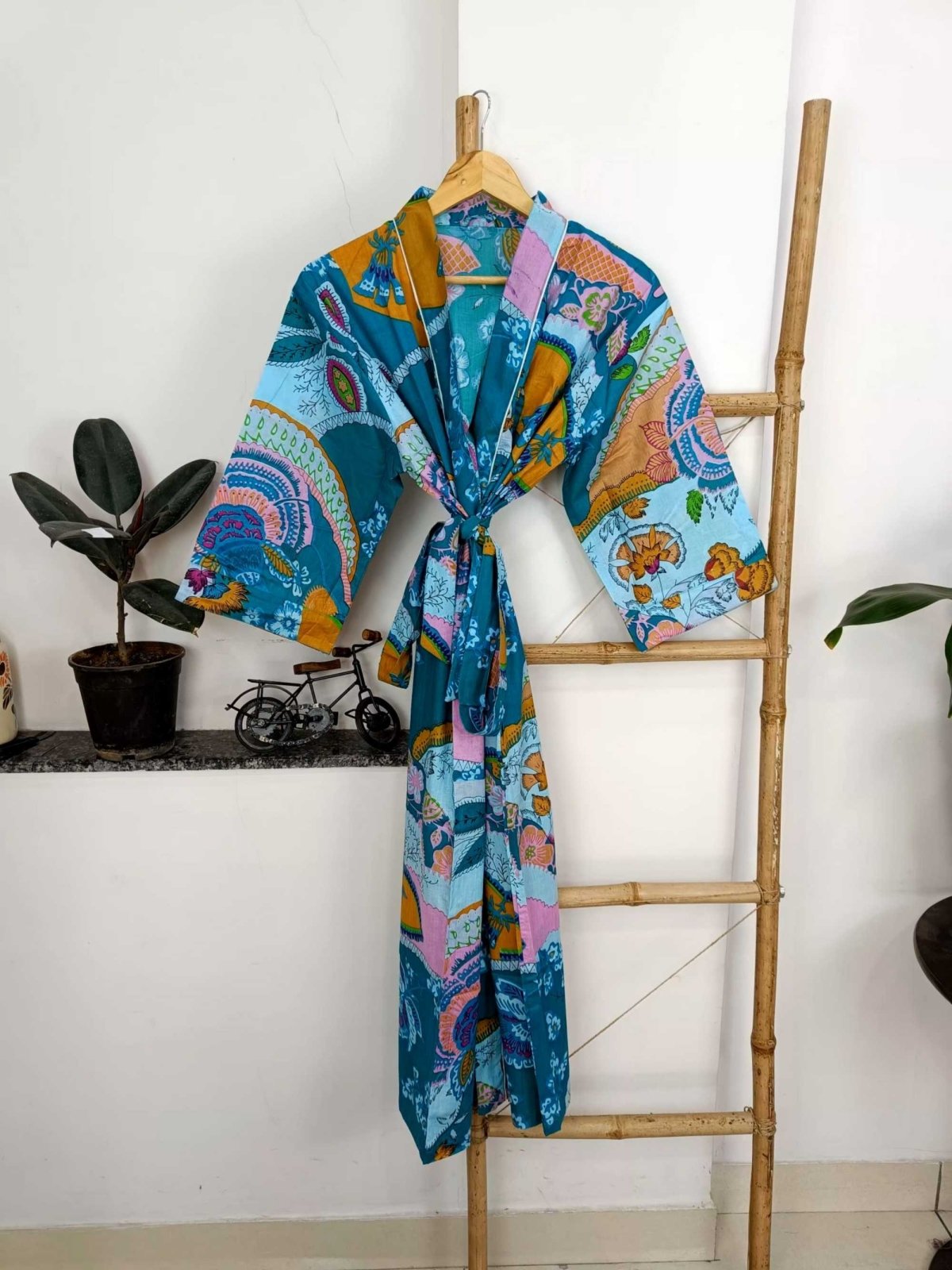 Pure Cotton Spring Summer Boho House Robe Kimono Indian Handblock Jaipur Indian Dress Turquoise Yellow Luxury Beach Holiday Wear Yacht Cover Up - The Eastern Loom