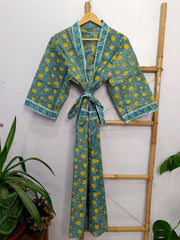 Pure Cotton Spring Summer Boho House Robe Kimono Indian Handblock Jaipur Indian Steel Blue Yellow Fruit Dress Luxury Beach Holiday Wear Yacht Cover Up - The Eastern Loom