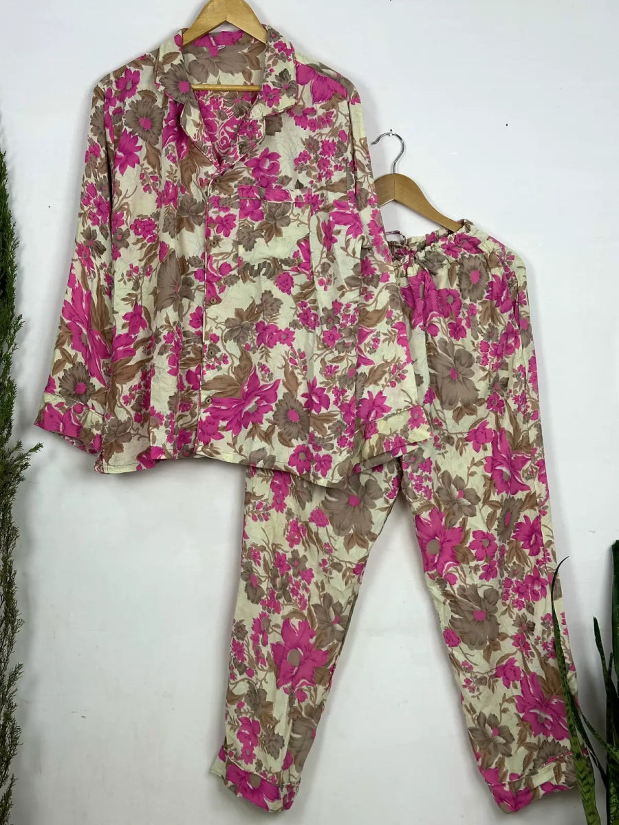 Recycle Silk Long Pajama Set, Lightweight and Breathable PJ Nightwear, Sustainable Women Girly Pajama Sleepwear Set, Silk Top and Bottom Gift for Gardenia Botanical Floral | L/XL Size - The Eastern Loom