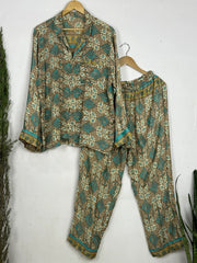Recycle Silk Long Pajama Set, Lightweight and Breathable PJ Nightwear, Sustainable Women Girly Pajama Sleepwear Set, Silk Top and Bottom Gift for Her Brown Turquoise Large Motifs | L/XL Size - The Eastern Loom