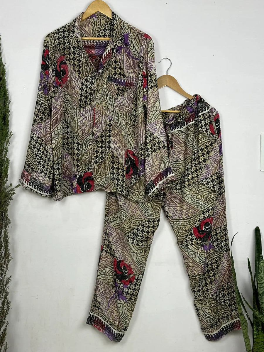 Recycle Silk Long Pajama Set, Lightweight and Breathable PJ Nightwear, Sustainable Women Girly Pajama Sleepwear Set, Silk Top and Bottom Gift for Her Multi Geometric Print | L/XL Size - The Eastern Loom