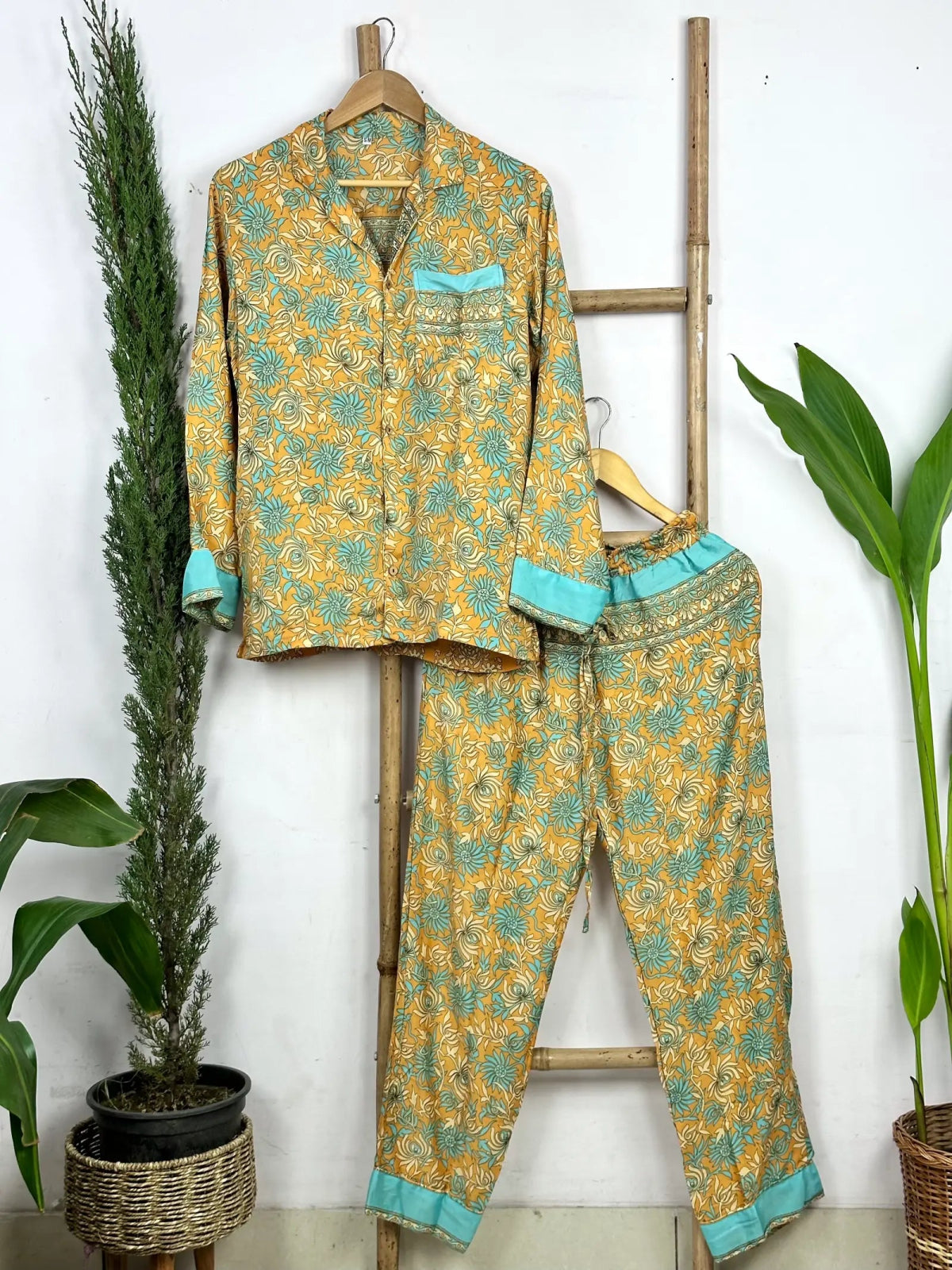 Recycle Silk Long Pajama Set, Lightweight and Breathable PJ Nightwear, Sustainable Women Girly Pajama Sleepwear Set, Silk Top and Bottom Gift for Her | S/M Size - The Eastern Loom