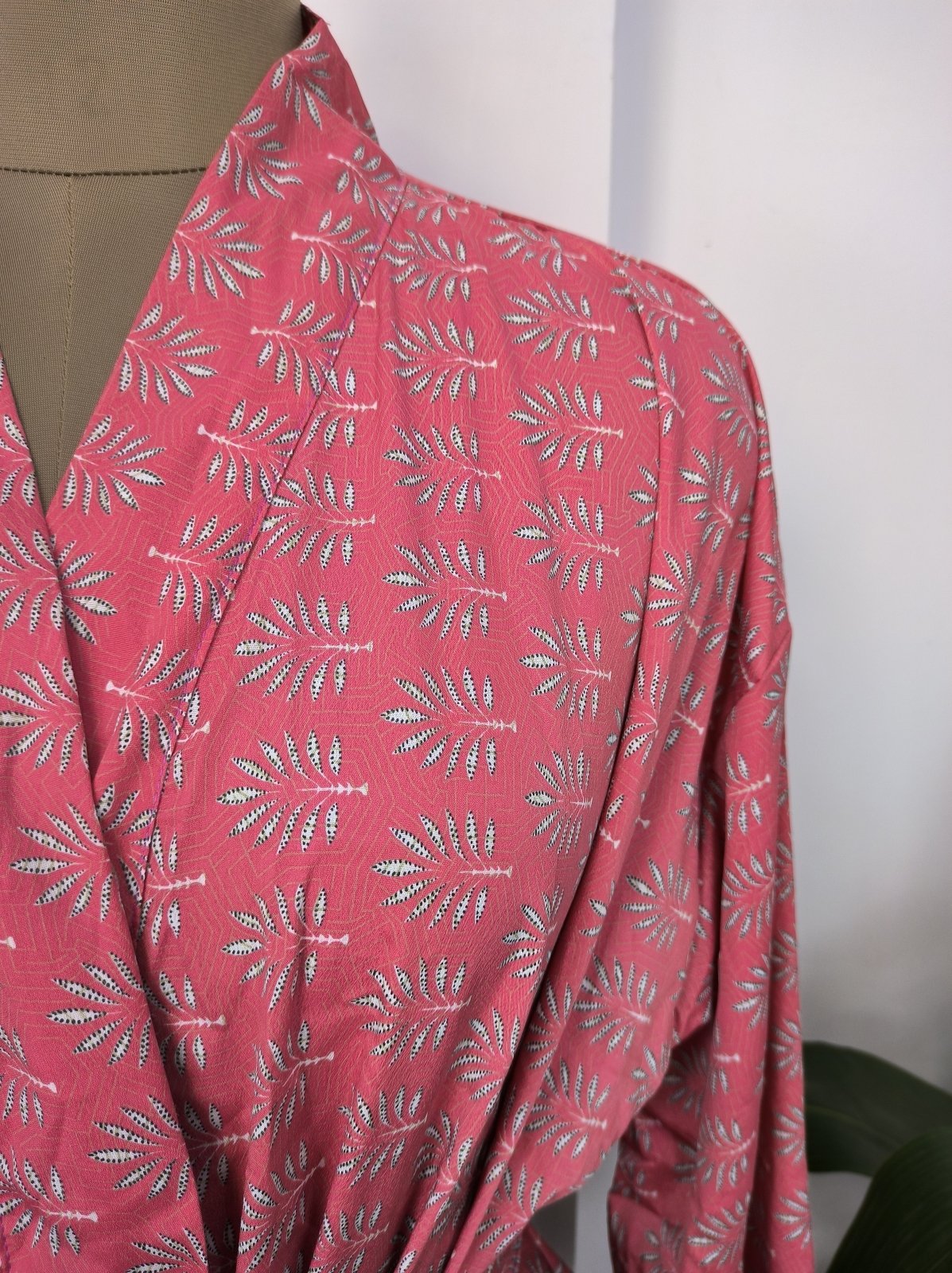Recycled Boho House Robe Kimono Vintage Silk Sari Dressing Gown, Beach Coverup, Bridesmaid, Bridal, Gift | Gorgeous Pink Tree Leaf Botanical - The Eastern Loom