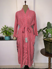 Recycled Boho House Robe Kimono Vintage Silk Sari Dressing Gown, Beach Coverup, Bridesmaid, Bridal, Gift | Gorgeous Pink Tree Leaf Botanical - The Eastern Loom