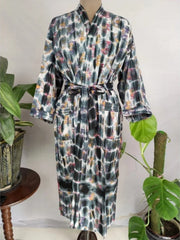 Recycled Pure Cotton Vintage Kimono Open Jacket Boho Summer TieDye House Robe, Beach Coverup | Grey Purple Elephant Style Print - The Eastern Loom