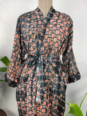 Recycled Pure Cotton Vintage Kimono Open Jacket Boho Summer TieDye House Robe, Beach Coverup | Orange Black Checks Paisley Style Print - The Eastern Loom