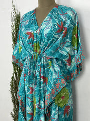 Recycled Silk Vintage Sari Kaftan Boho Dress Flowy Long Length Blossom Artistic Women Beach Coverup | Aqua Blue Floral - The Eastern Loom