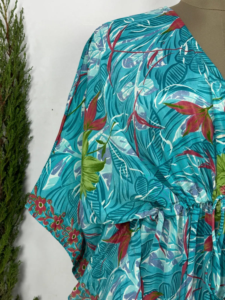 Recycled Silk Vintage Sari Kaftan Boho Dress Flowy Long Length Blossom Artistic Women Beach Coverup | Aqua Blue Floral - The Eastern Loom