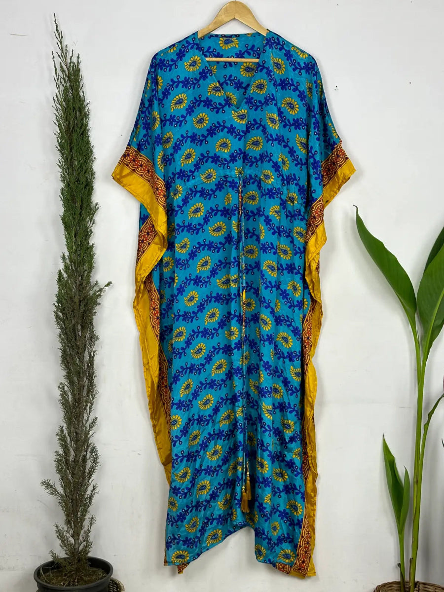 Recycled Silk Vintage Sari Kaftan Boho Dress Flowy Long Length Blossom Artistic Women Beach Coverup | Aqua Blue Yellow Paisley - The Eastern Loom