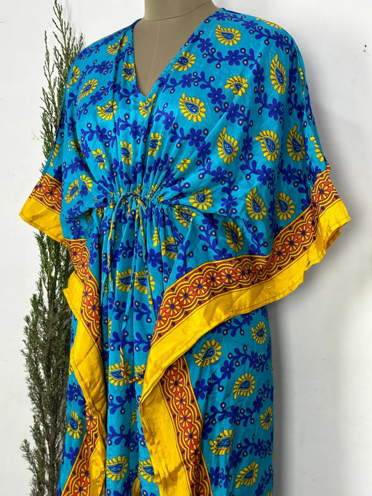 Recycled Silk Vintage Sari Kaftan Boho Dress Flowy Long Length Blossom Artistic Women Beach Coverup | Aqua Blue Yellow Paisley - The Eastern Loom