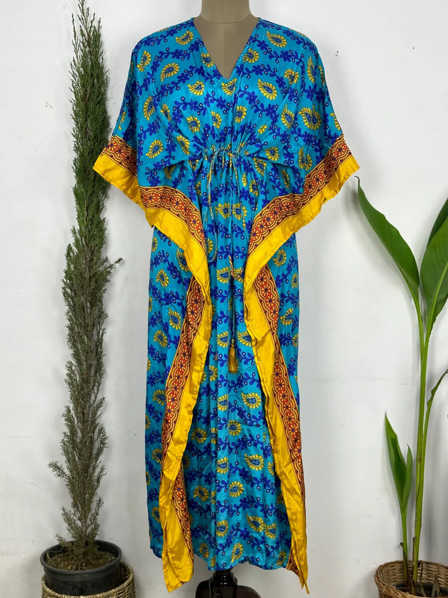 Recycled Silk Vintage Sari Kaftan Boho Dress Flowy Long Length Blossom Artistic Women Beach Coverup | Aqua Blue Yellow Paisley - The Eastern Loom