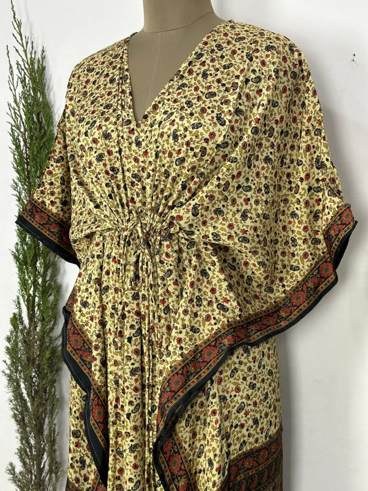 Recycled Silk Vintage Sari Kaftan Boho Dress Flowy Long Length Blossom Artistic Women Beach Coverup | Black Beige Floral Motifs - The Eastern Loom