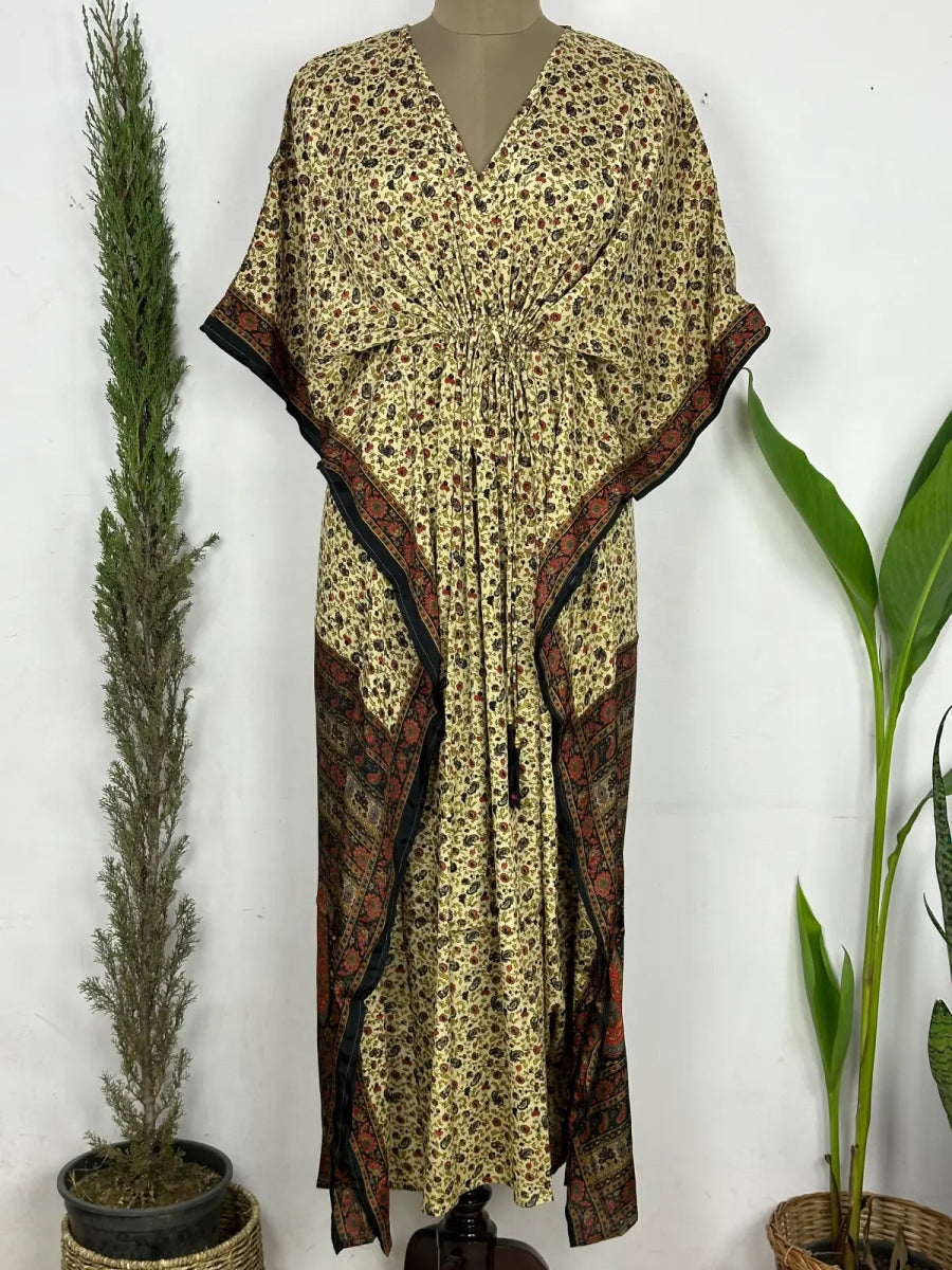 Recycled Silk Vintage Sari Kaftan Boho Dress Flowy Long Length Blossom Artistic Women Beach Coverup | Black Beige Floral Motifs - The Eastern Loom