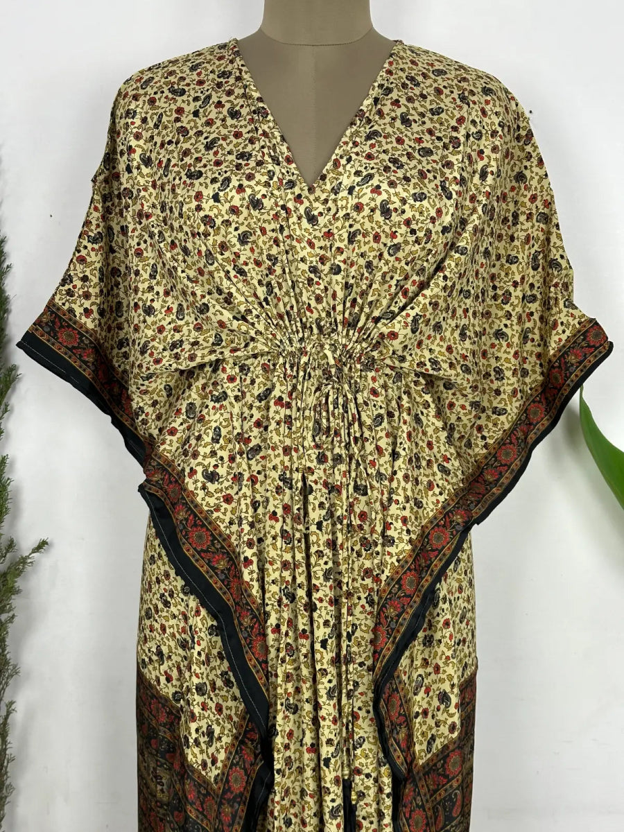 Recycled Silk Vintage Sari Kaftan Boho Dress Flowy Long Length Blossom Artistic Women Beach Coverup | Black Beige Floral Motifs - The Eastern Loom