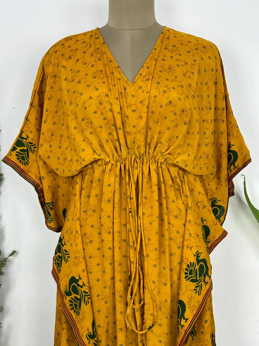 Recycled Silk Vintage Sari Kaftan Boho Dress Flowy Long Length Blossom Artistic Women Beach Coverup | Black Mustard Motifs - The Eastern Loom