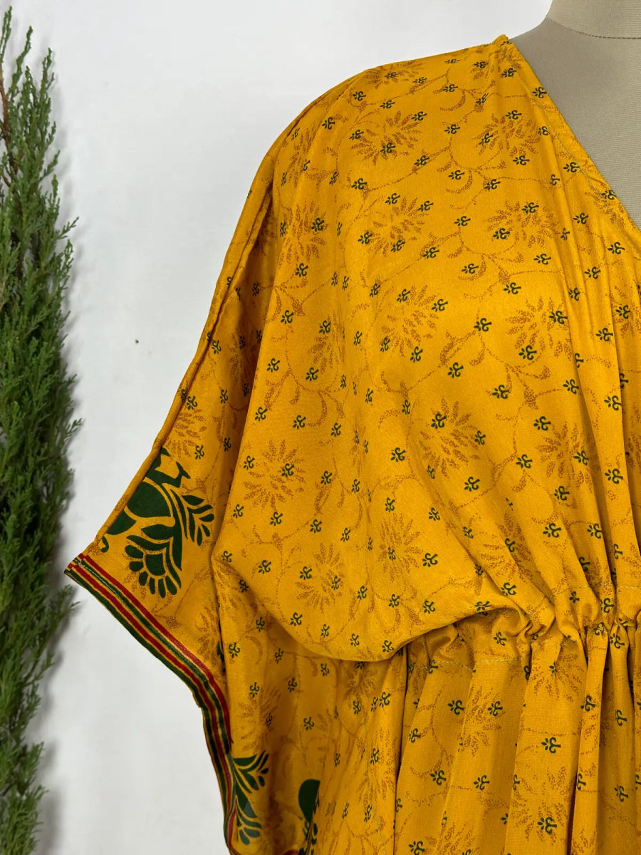 Recycled Silk Vintage Sari Kaftan Boho Dress Flowy Long Length Blossom Artistic Women Beach Coverup | Black Mustard Motifs - The Eastern Loom