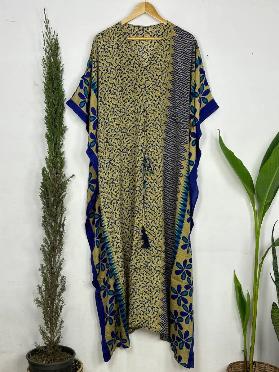 Recycled Silk Vintage Sari Kaftan Boho Dress Flowy Long Length Blossom Artistic Women Beach Coverup | Brown Blue Blossom - The Eastern Loom