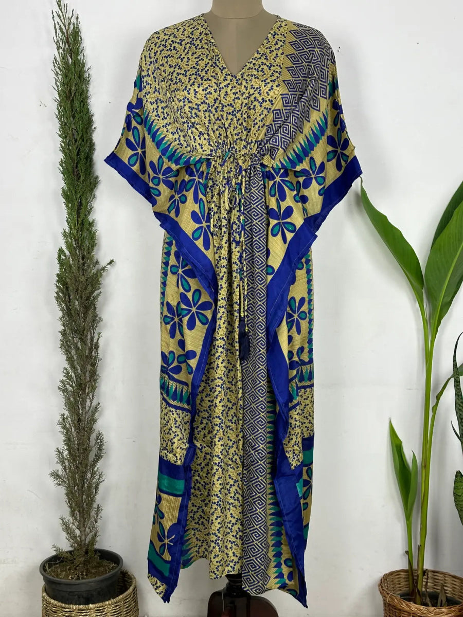 Recycled Silk Vintage Sari Kaftan Boho Dress Flowy Long Length Blossom Artistic Women Beach Coverup | Brown Blue Blossom - The Eastern Loom