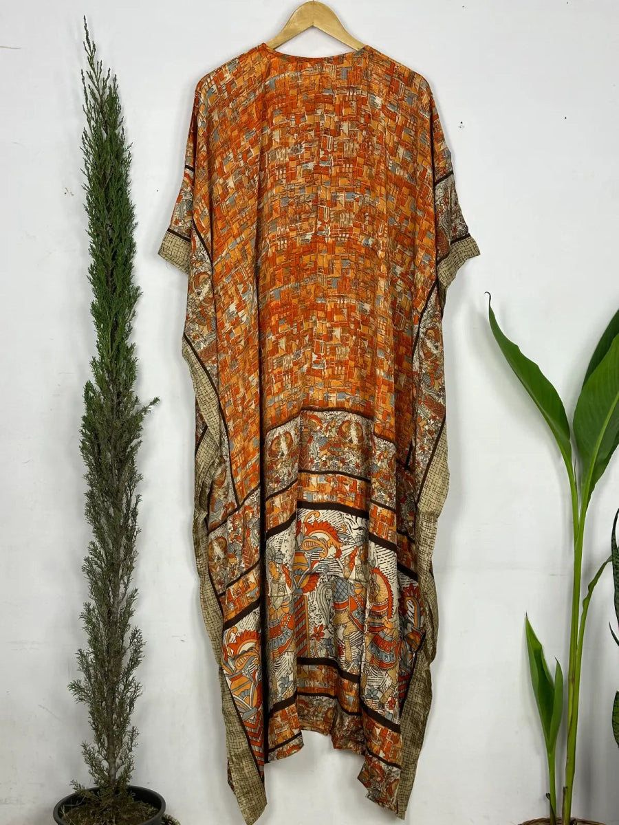Recycled Silk Vintage Sari Kaftan Boho Dress Flowy Long Length Blossom Artistic Women Beach Coverup | Burnt Orange Animal Print - The Eastern Loom