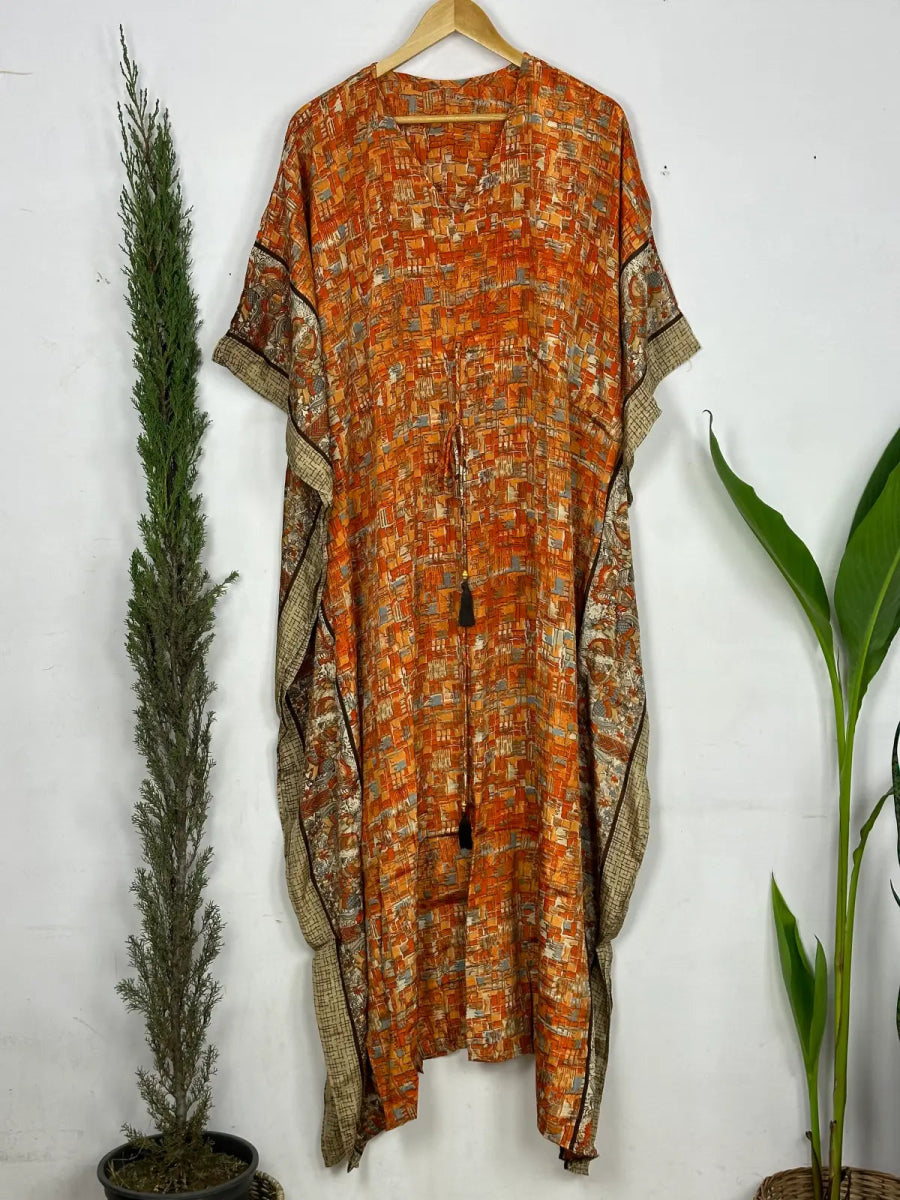 Recycled Silk Vintage Sari Kaftan Boho Dress Flowy Long Length Blossom Artistic Women Beach Coverup | Burnt Orange Animal Print - The Eastern Loom