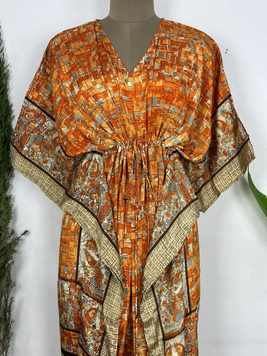 Recycled Silk Vintage Sari Kaftan Boho Dress Flowy Long Length Blossom Artistic Women Beach Coverup | Burnt Orange Animal Print - The Eastern Loom