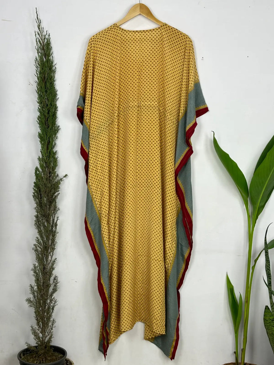 Recycled Silk Vintage Sari Kaftan Boho Dress Flowy Long Length Blossom Artistic Women Beach Coverup | Golden Red Motifs - The Eastern Loom
