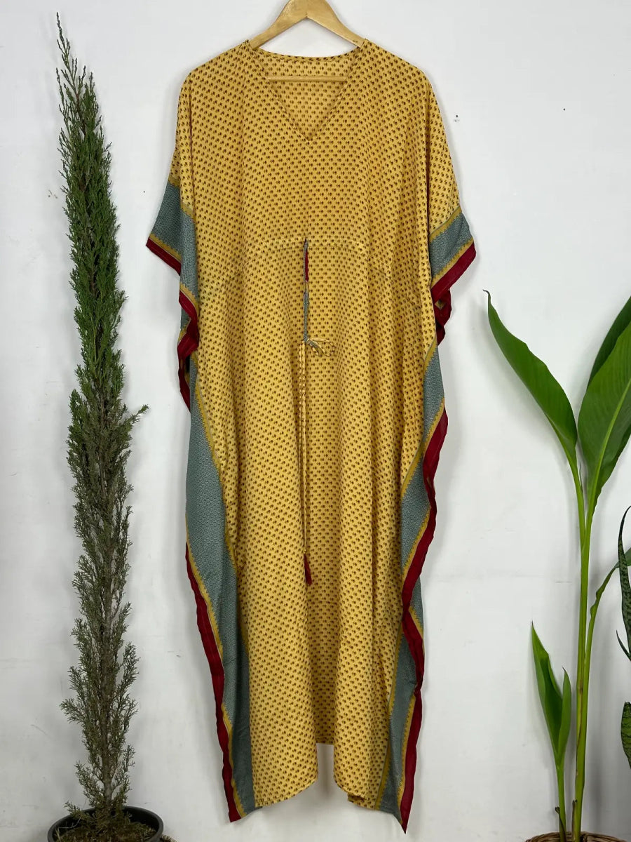 Recycled Silk Vintage Sari Kaftan Boho Dress Flowy Long Length Blossom Artistic Women Beach Coverup | Golden Red Motifs - The Eastern Loom