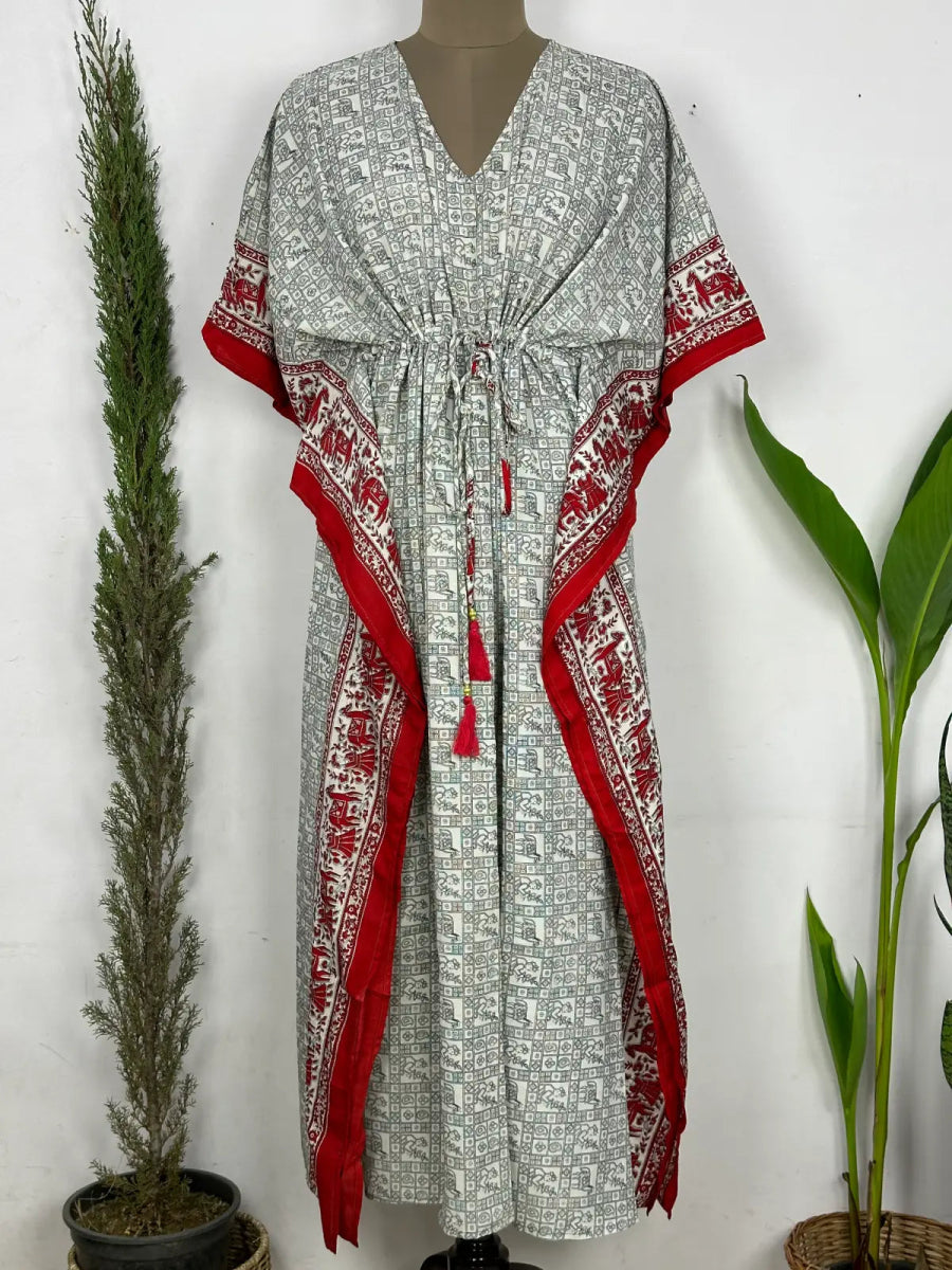 Recycled Silk Vintage Sari Kaftan Boho Dress Flowy Long Length Blossom Artistic Women Beach Coverup | Grey Red Animal Prints - The Eastern Loom