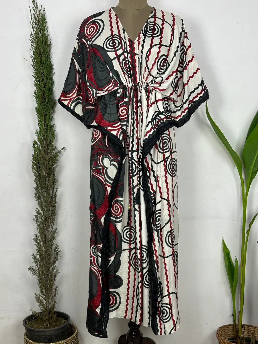 Recycled Silk Vintage Sari Kaftan Boho Dress Flowy Long Length Blossom Artistic Women Beach Coverup | Grey Red Geometric - The Eastern Loom