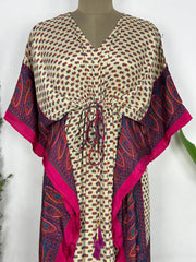 Recycled Silk Vintage Sari Kaftan Boho Dress Flowy Long Length Blossom Artistic Women Beach Coverup | Ivory Paisley Motifs - The Eastern Loom