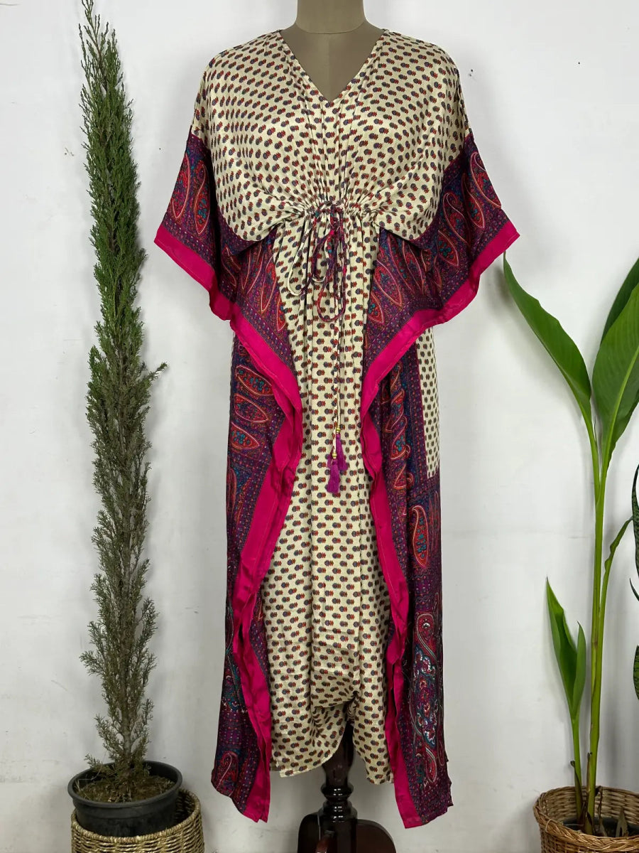 Recycled Silk Vintage Sari Kaftan Boho Dress Flowy Long Length Blossom Artistic Women Beach Coverup | Ivory Paisley Motifs - The Eastern Loom
