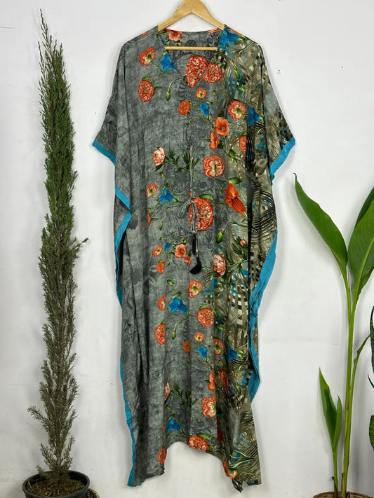 Recycled Silk Vintage Sari Kaftan Boho Dress Flowy Long Length Blossom Artistic Women Beach Coverup | Mid Night Gardenia Floral - The Eastern Loom