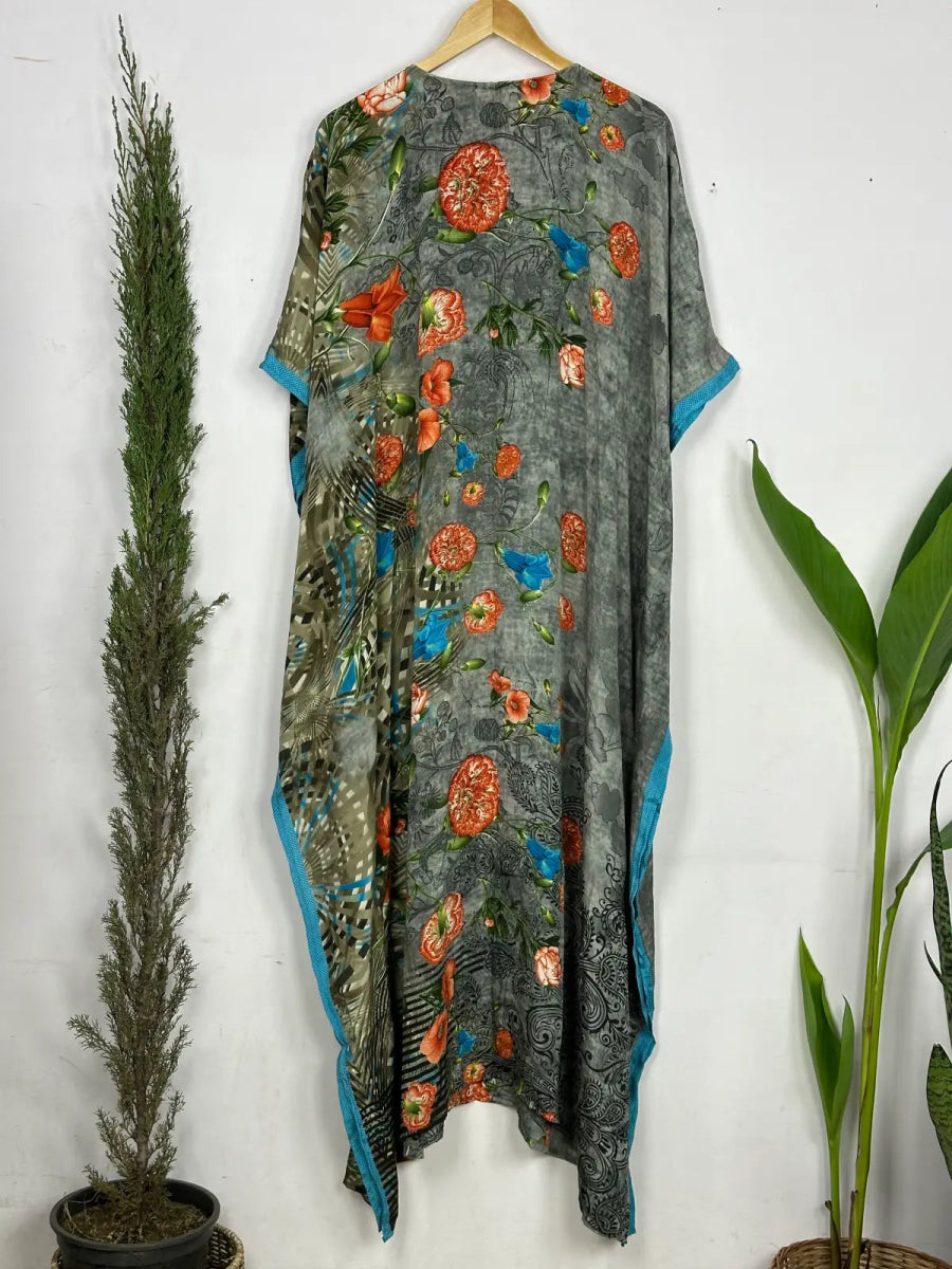 Recycled Silk Vintage Sari Kaftan Boho Dress Flowy Long Length Blossom Artistic Women Beach Coverup | Mid Night Gardenia Floral - The Eastern Loom