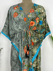 Recycled Silk Vintage Sari Kaftan Boho Dress Flowy Long Length Blossom Artistic Women Beach Coverup | Mid Night Gardenia Floral - The Eastern Loom