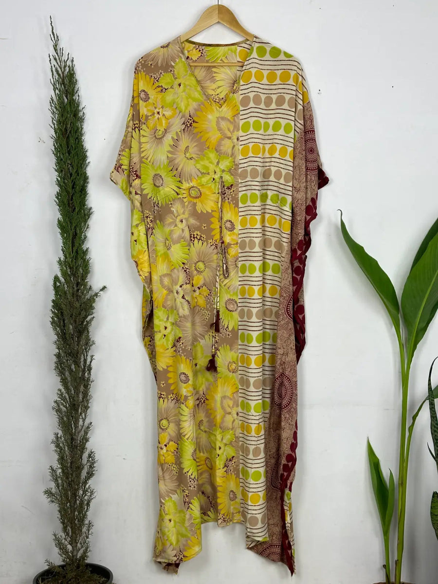 Recycled Silk Vintage Sari Kaftan Boho Dress Flowy Long Length Blossom Artistic Women Beach Coverup | Morning Shine Floral - The Eastern Loom