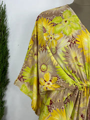 Recycled Silk Vintage Sari Kaftan Boho Dress Flowy Long Length Blossom Artistic Women Beach Coverup | Morning Shine Floral - The Eastern Loom